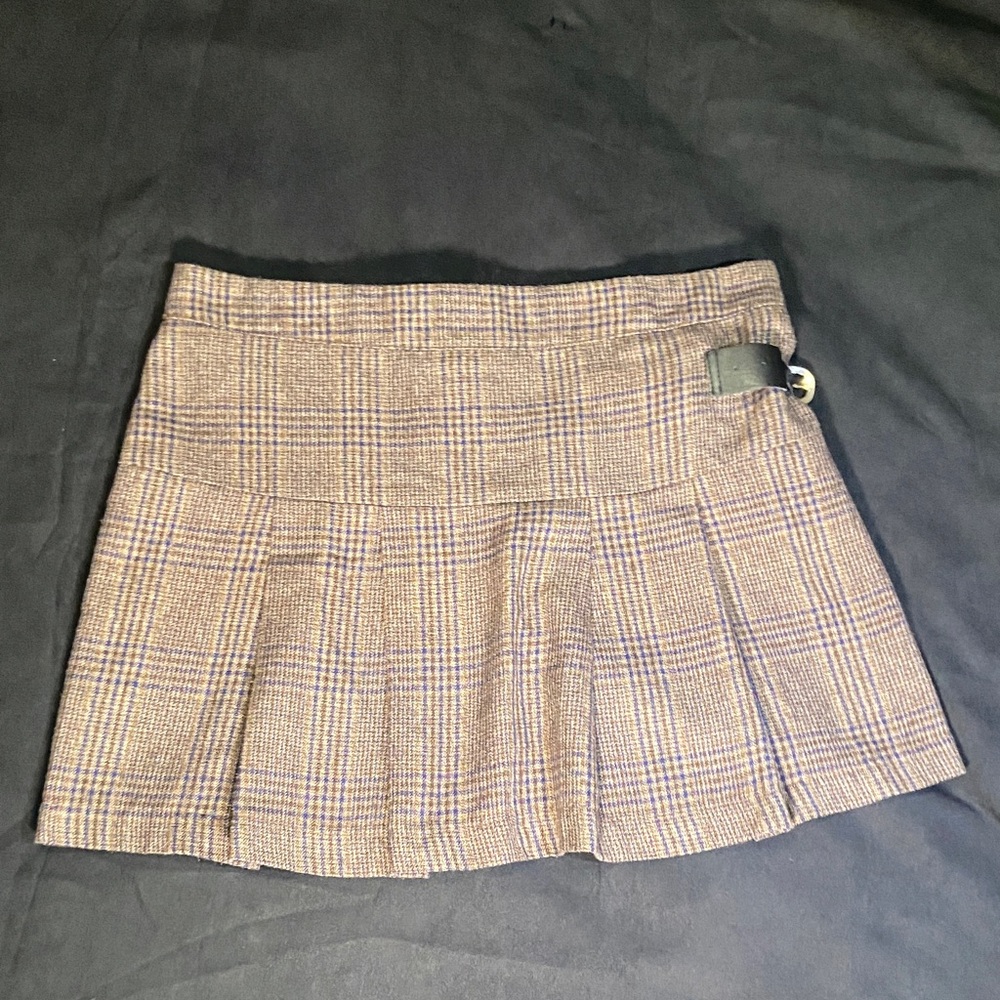 Vintage Y2K Plaid Brown Mini Skirt XS college girl Vibe with decorative Belt